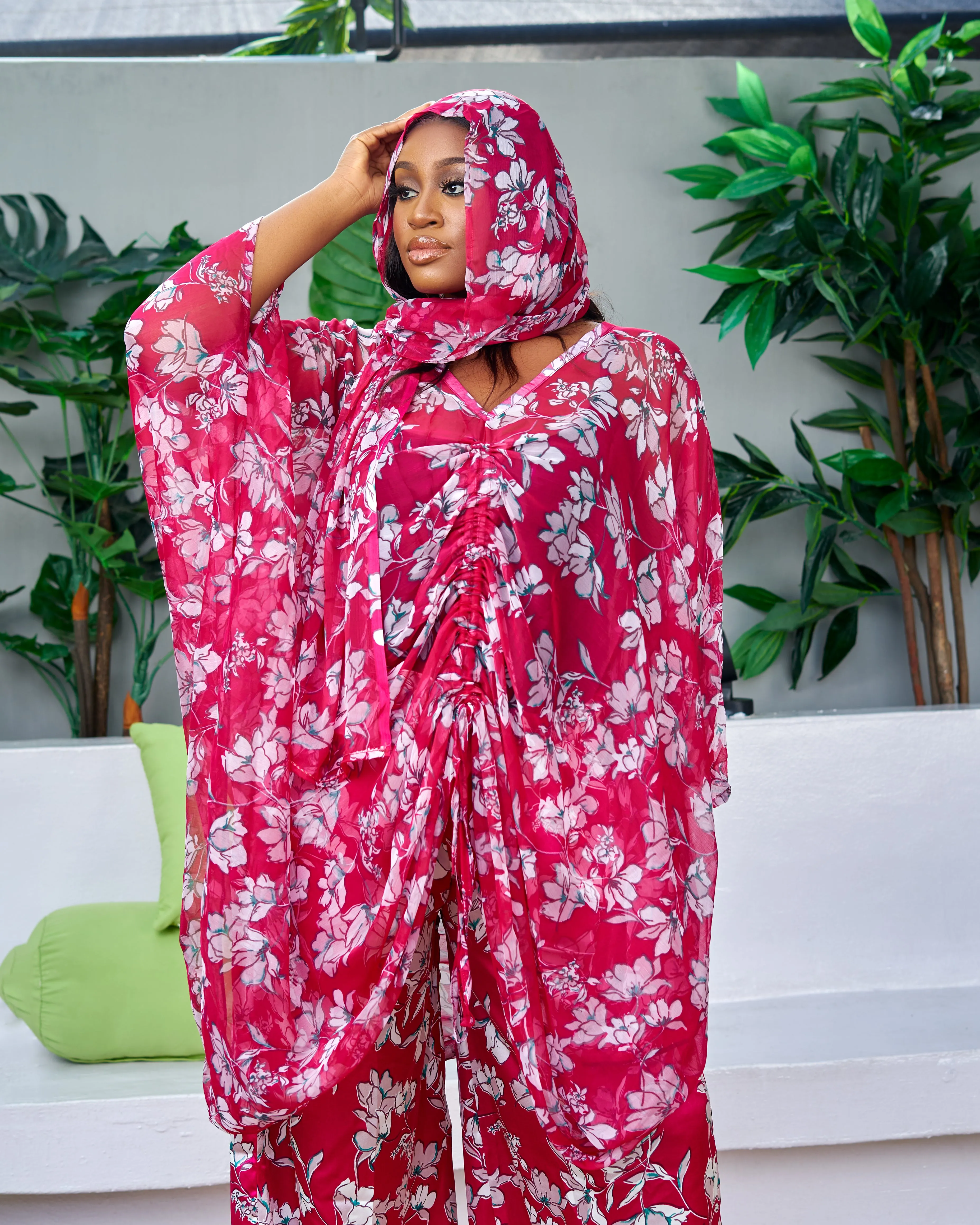 3pc Drawstring African Print Chiffon Kaftan top and Trouser Set - Jayike