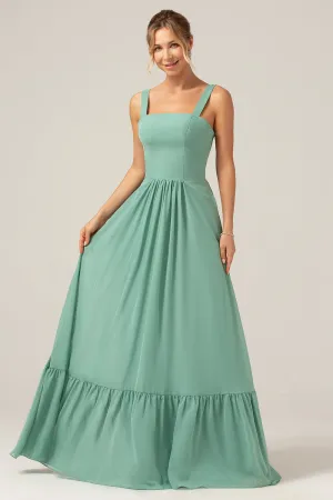 A Line Eucalyptus Chiffon Long Bridesmaid Dress with Pleated