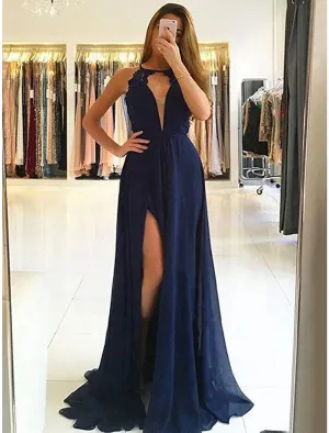 A-Line Evening Gown Cut Out Dress Formal Evening Wedding Party Sweep / Brush Train Sleeveless Halter Neck Lace with Slit