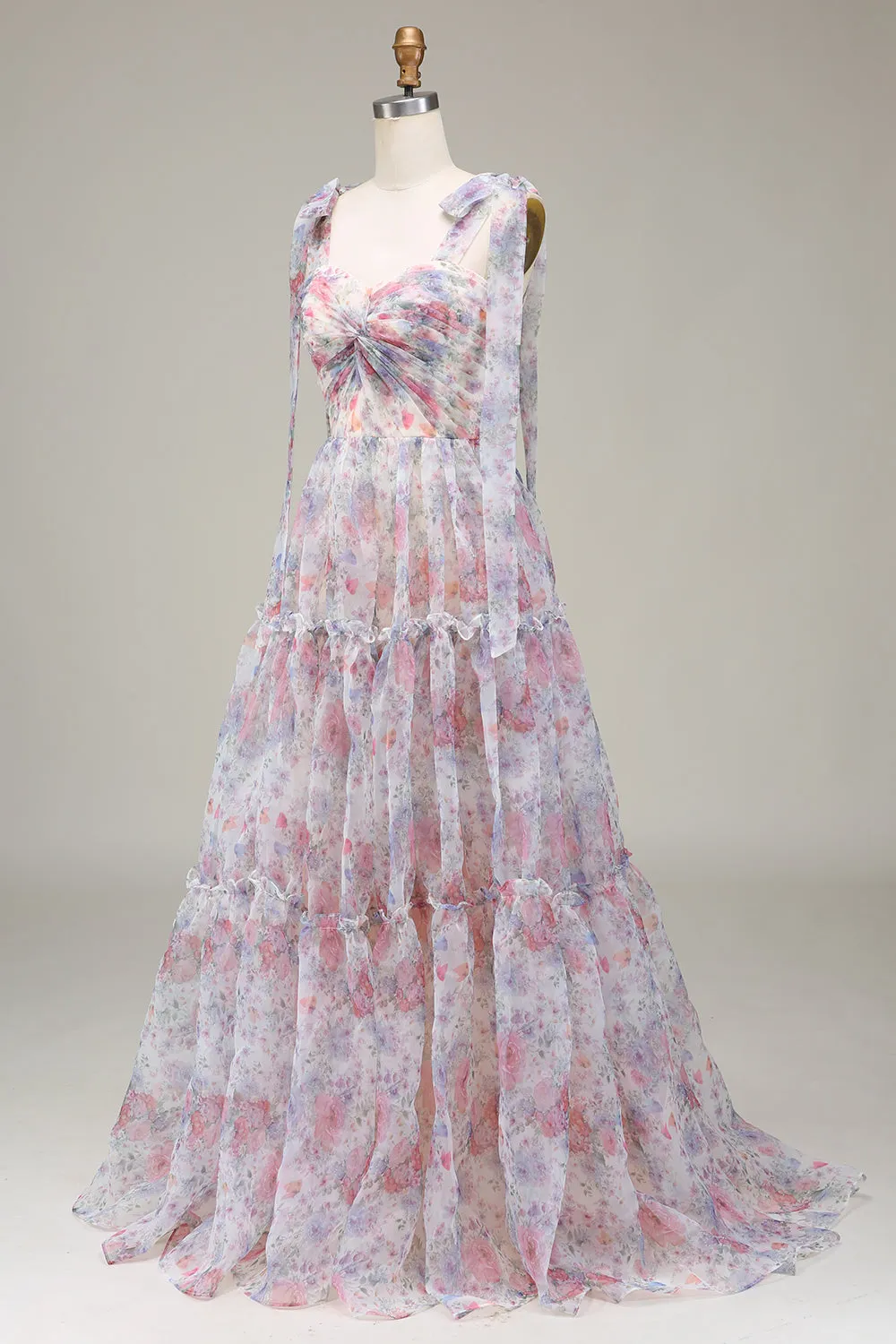 A-Line Spaghetti Straps Lilac Flower Printed Prom Dress