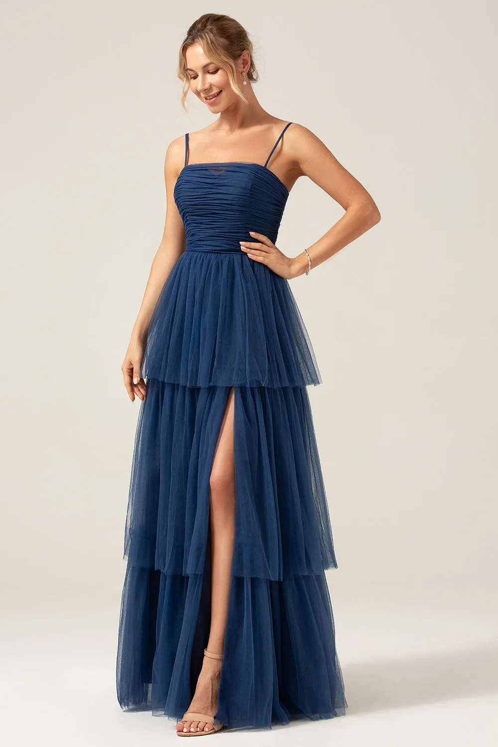 A Line Spaghetti Straps Tiered Navy Tulle Pleated Prom Dress with Slit