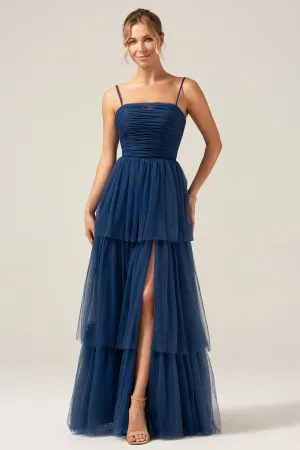 A Line Spaghetti Straps Tiered Navy Tulle Pleated Prom Dress with Slit