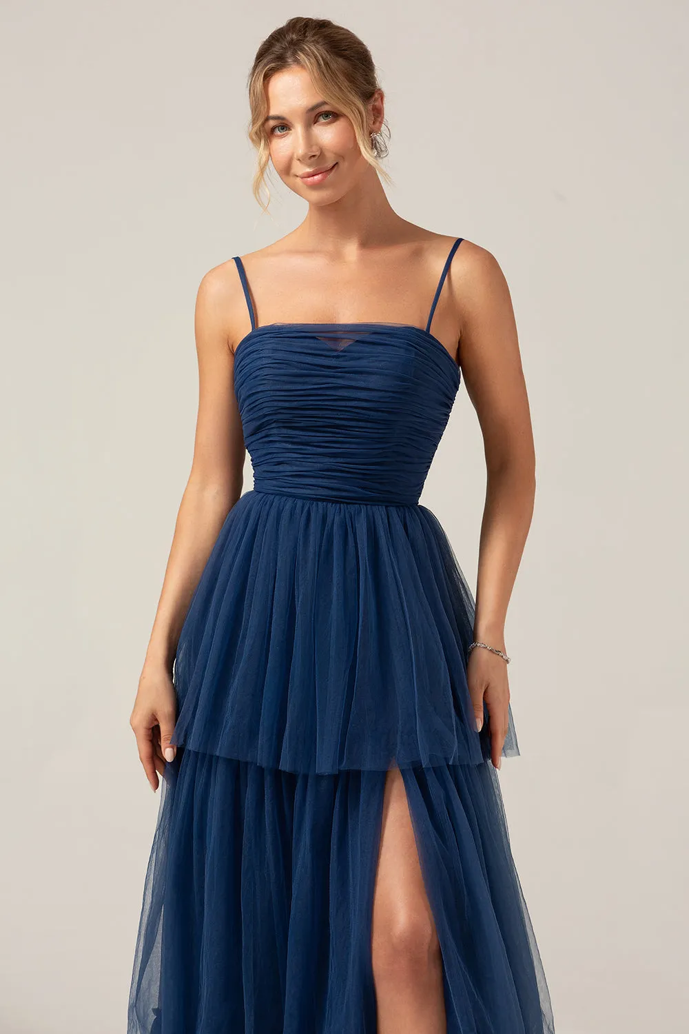 A Line Spaghetti Straps Tiered Navy Tulle Pleated Prom Dress with Slit