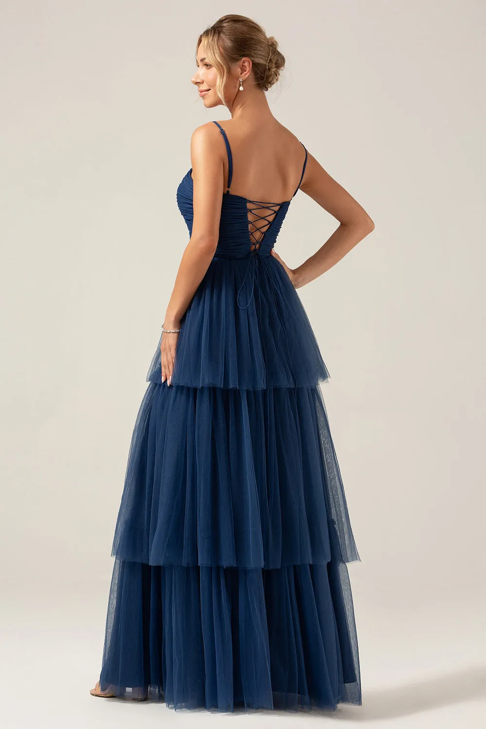 A Line Spaghetti Straps Tiered Navy Tulle Pleated Prom Dress with Slit