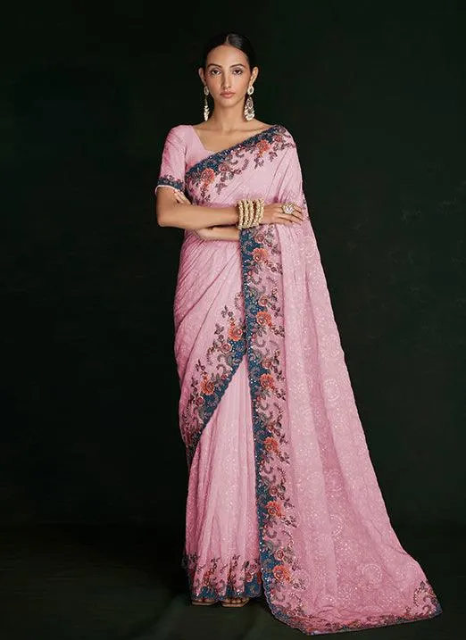 Alluring Pink Georgette Classic Saree with Lucknowi Embroidered Work