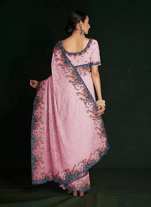 Alluring Pink Georgette Classic Saree with Lucknowi Embroidered Work