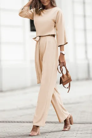 Apricot Bracelet Sleeve Waist Tie Wide Leg Jumpsuit