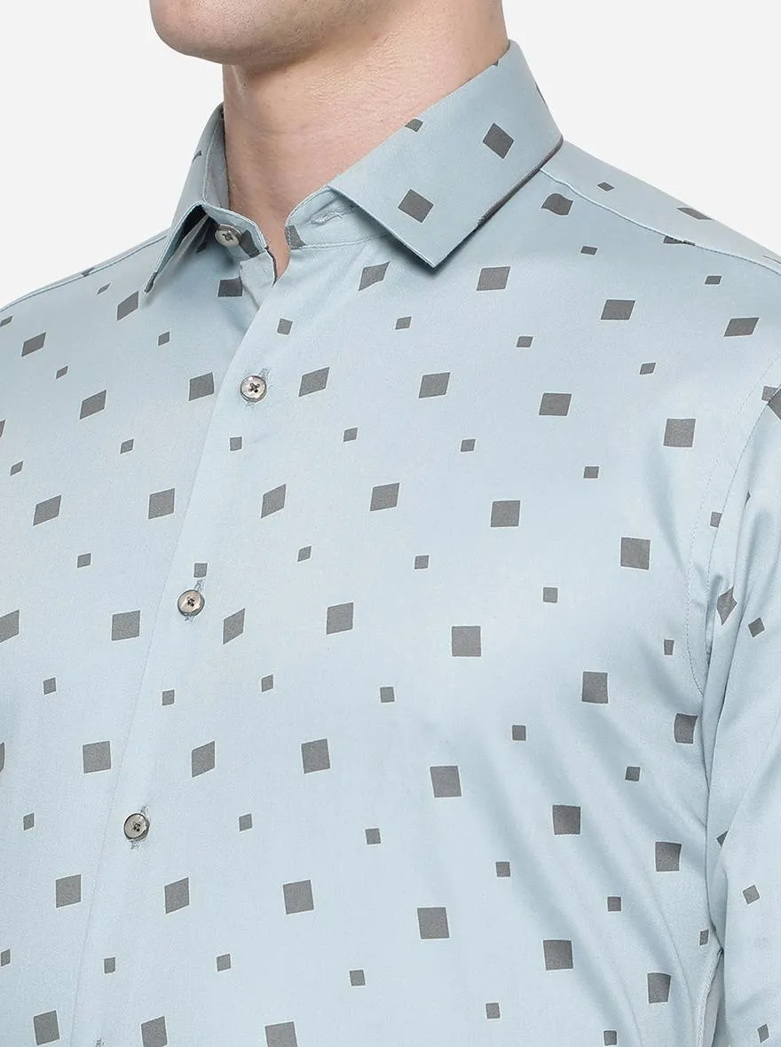 Ash Blue Printed Slim Fit Party Wear Shirt | JB Studio