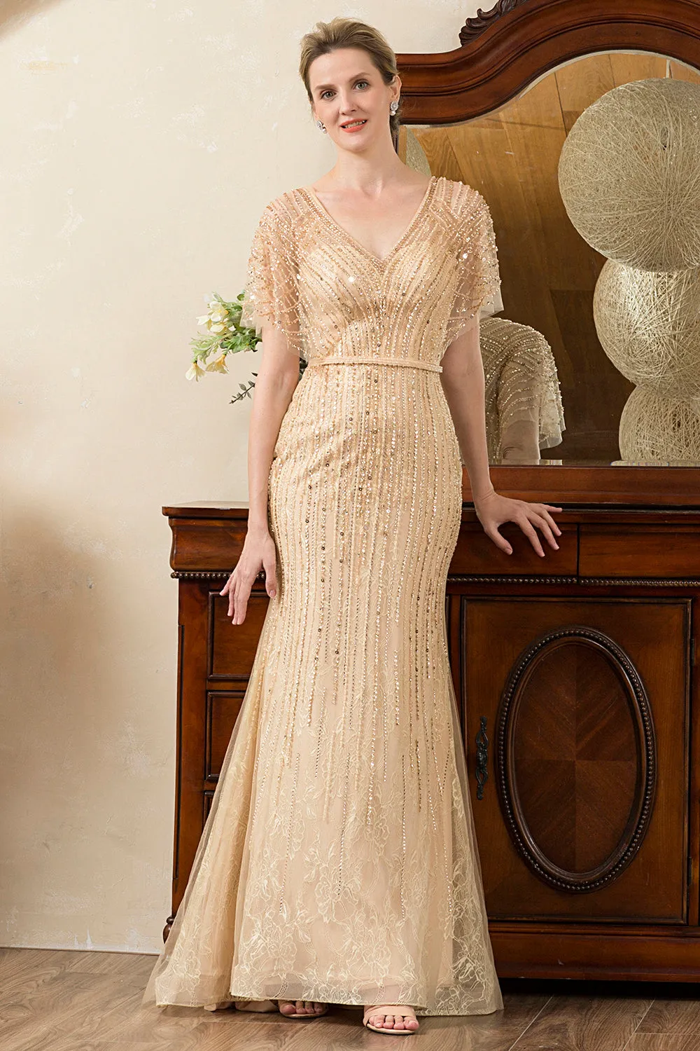 Beading V-neck Glitter Mermaid Mother of Bride Dress