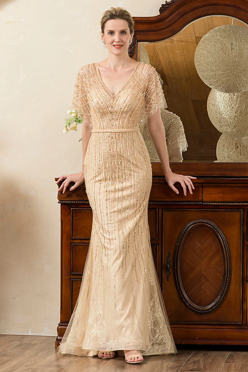 Beading V-neck Glitter Mermaid Mother of Bride Dress