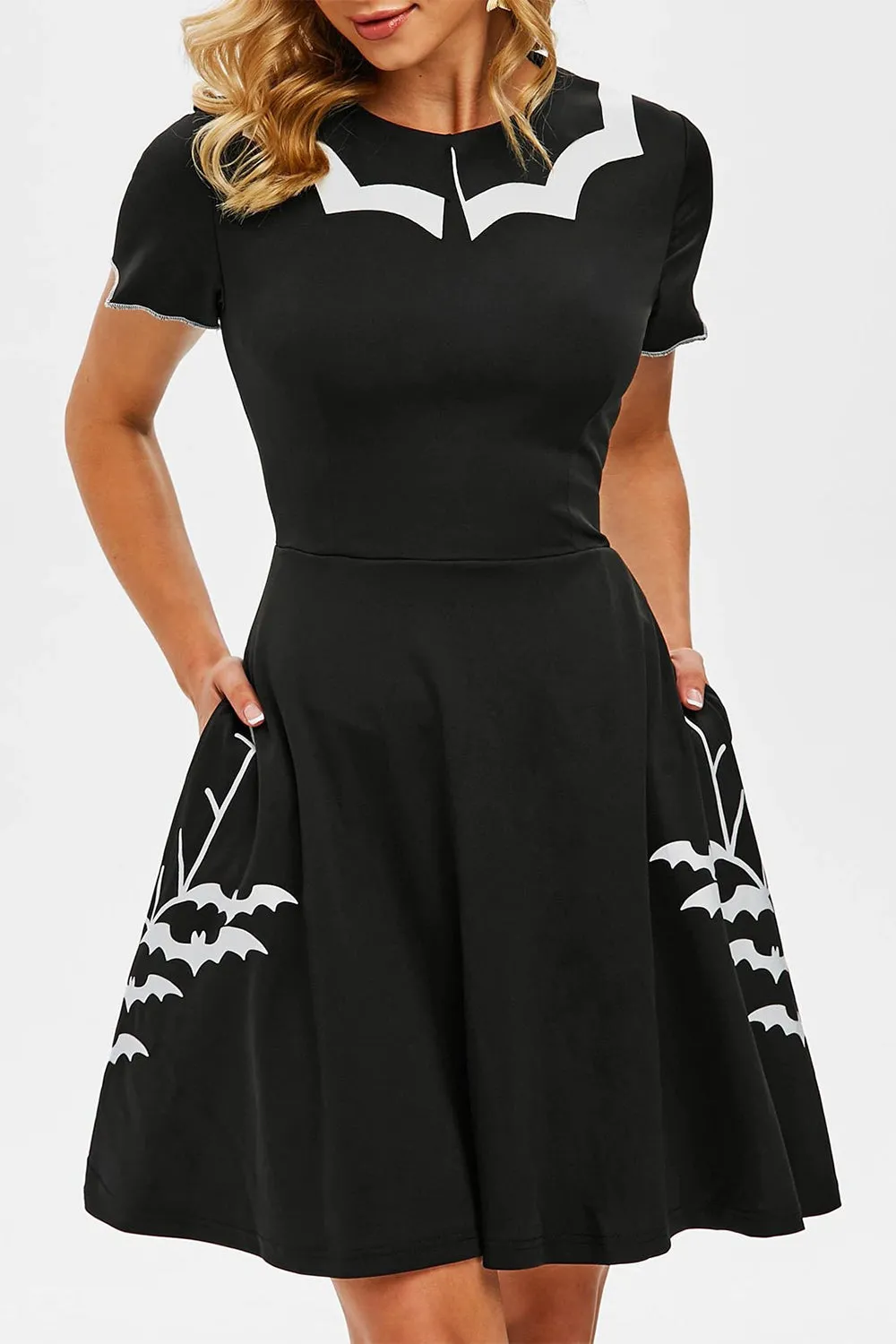 Black Bat Print Halloween Dress