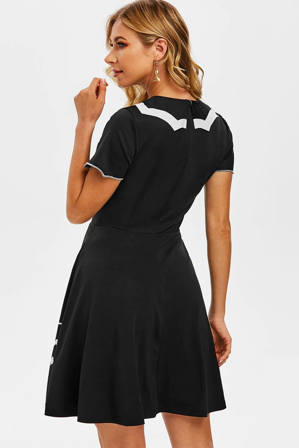 Black Bat Print Halloween Dress