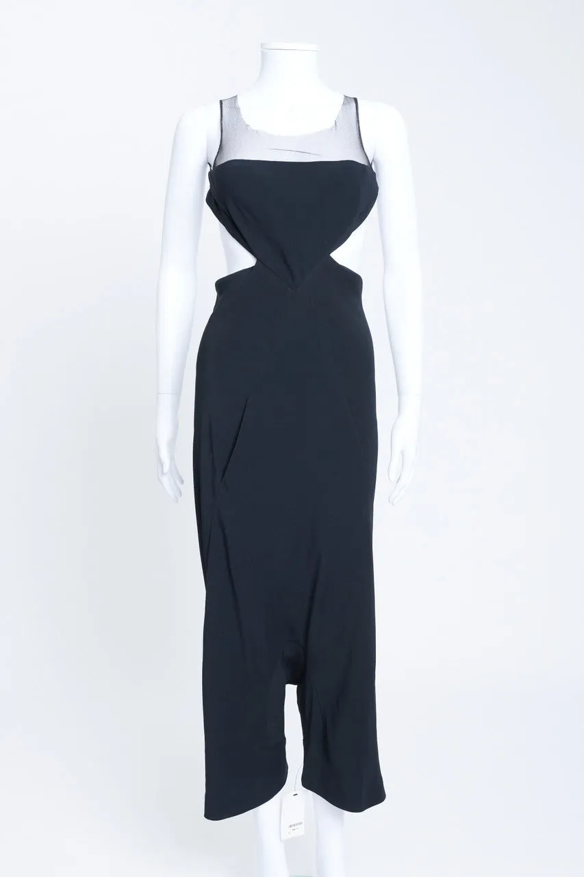 Black Crepe Jumpsuit With Mesh Paneling