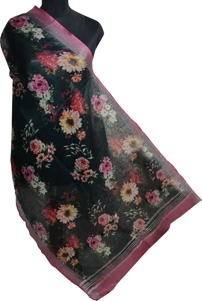 Black Digital Printed Linen Floral Design Dupatta