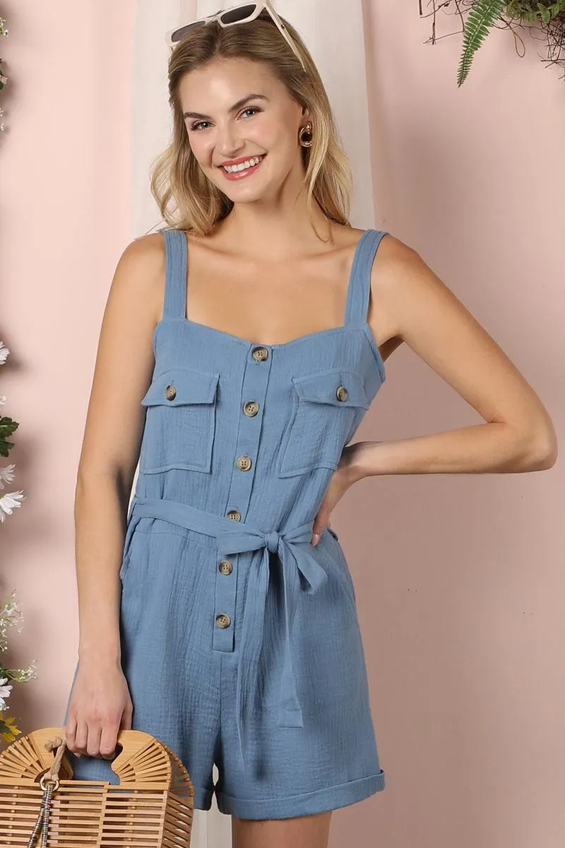 BUTTON DOWN POCKET DETAILED ROMPER WITH STRAP