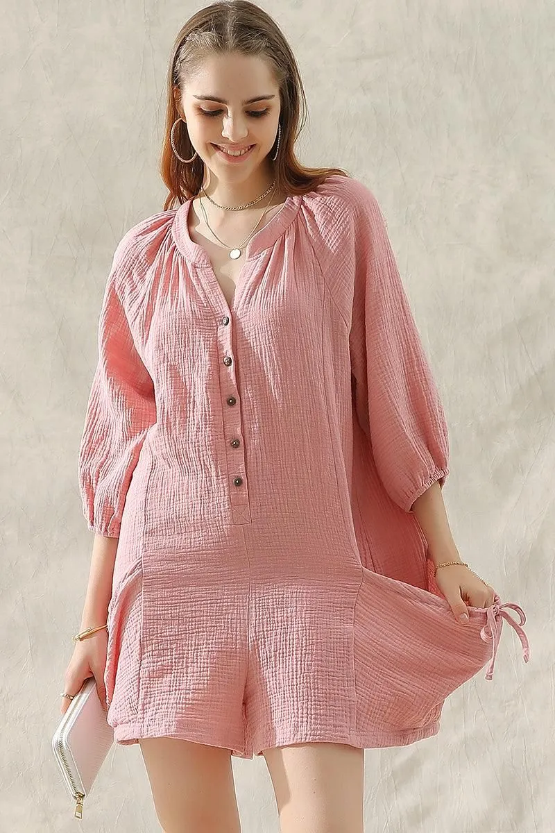 BUTTON UP DRAW STRING POCKET LONGSLEEVE JUMPSUIT