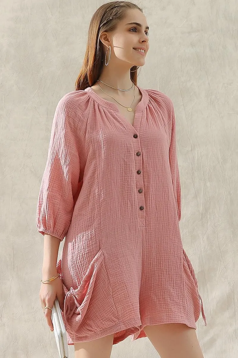 BUTTON UP DRAW STRING POCKET LONGSLEEVE JUMPSUIT