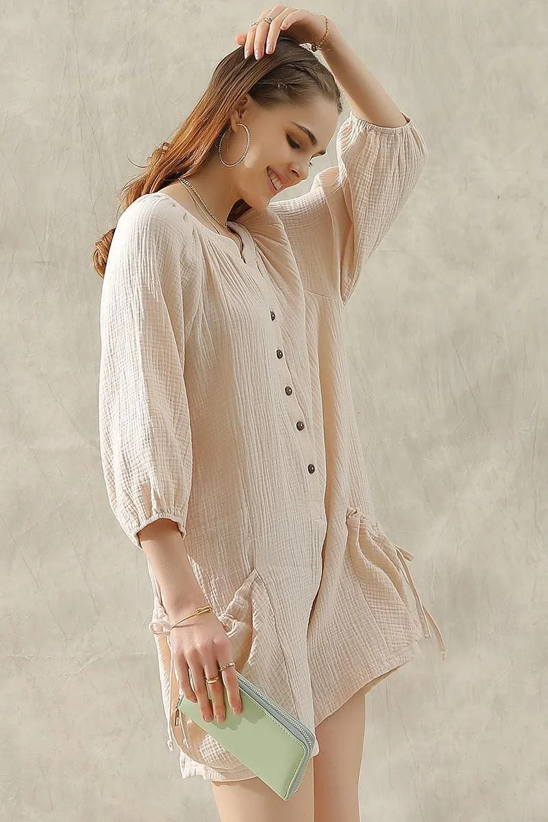 BUTTON UP DRAW STRING POCKET LONGSLEEVE JUMPSUIT