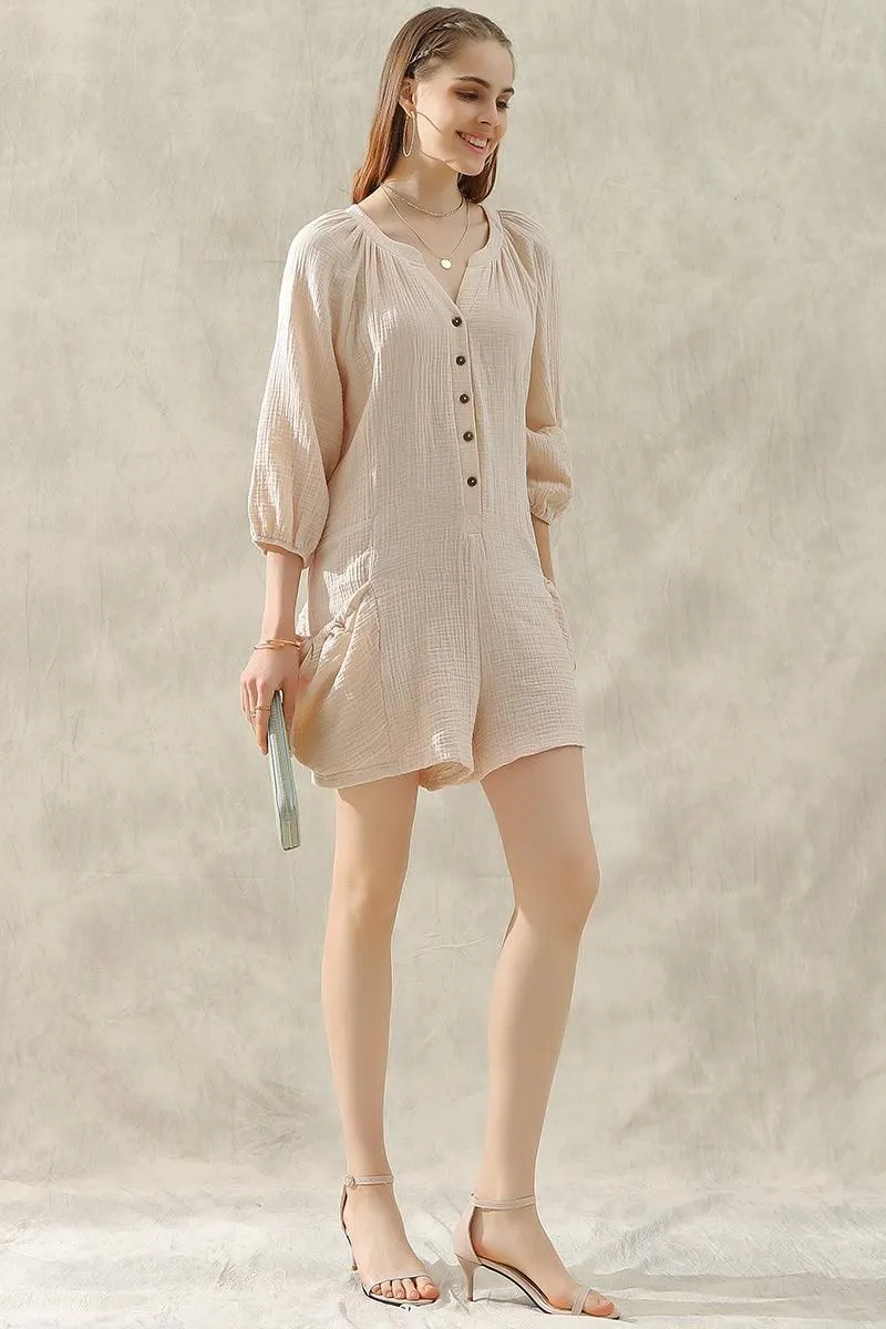 BUTTON UP DRAW STRING POCKET LONGSLEEVE JUMPSUIT