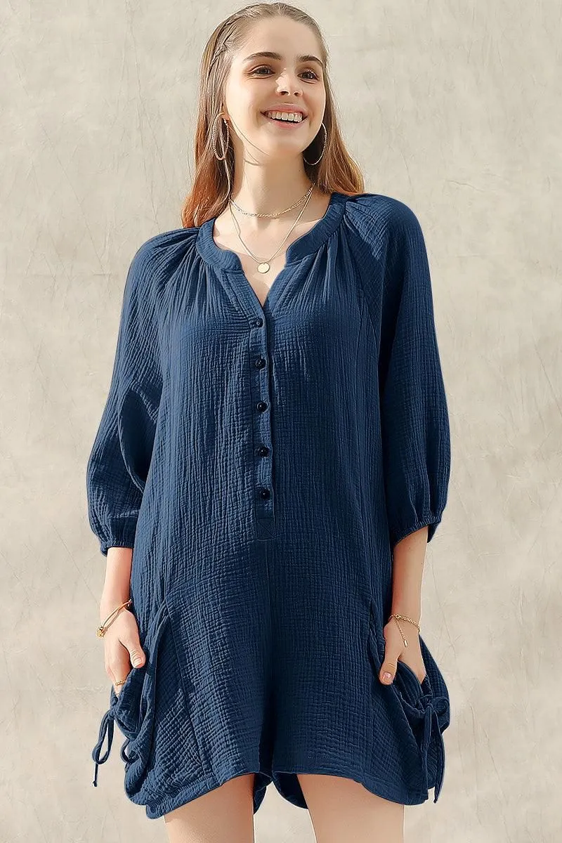 BUTTON UP DRAW STRING POCKET LONGSLEEVE JUMPSUIT