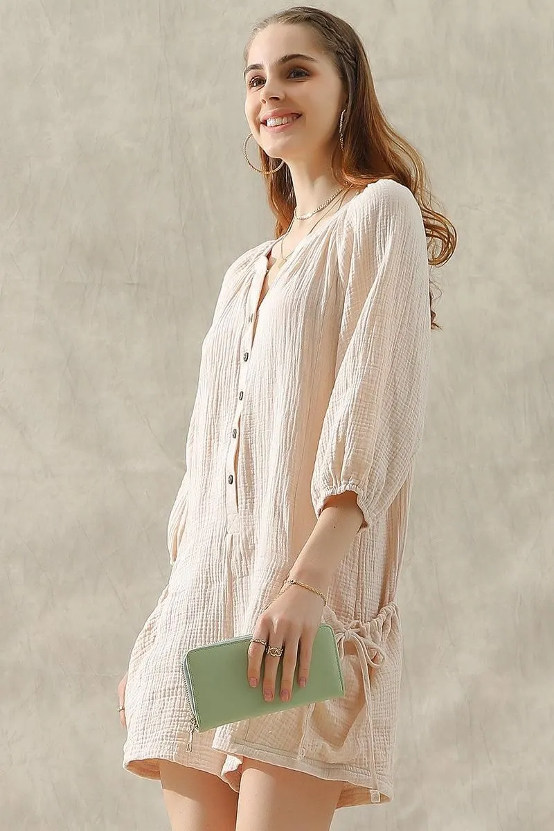 BUTTON UP DRAW STRING POCKET LONGSLEEVE JUMPSUIT