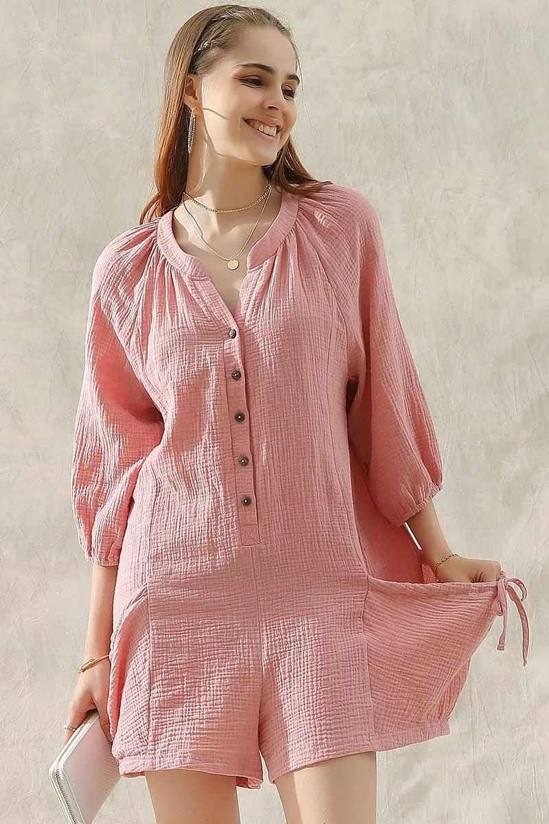 BUTTON UP DRAW STRING POCKET LONGSLEEVE JUMPSUIT