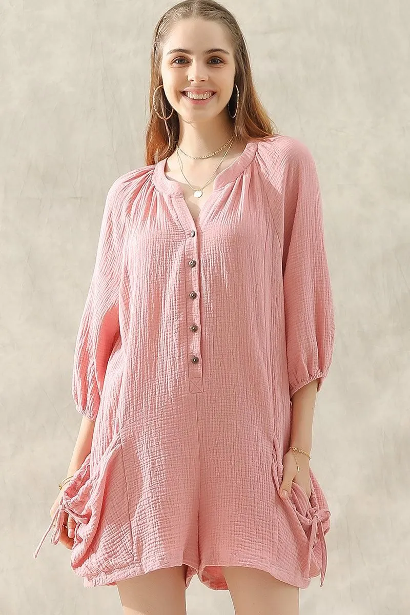 BUTTON UP DRAW STRING POCKET LONGSLEEVE JUMPSUIT