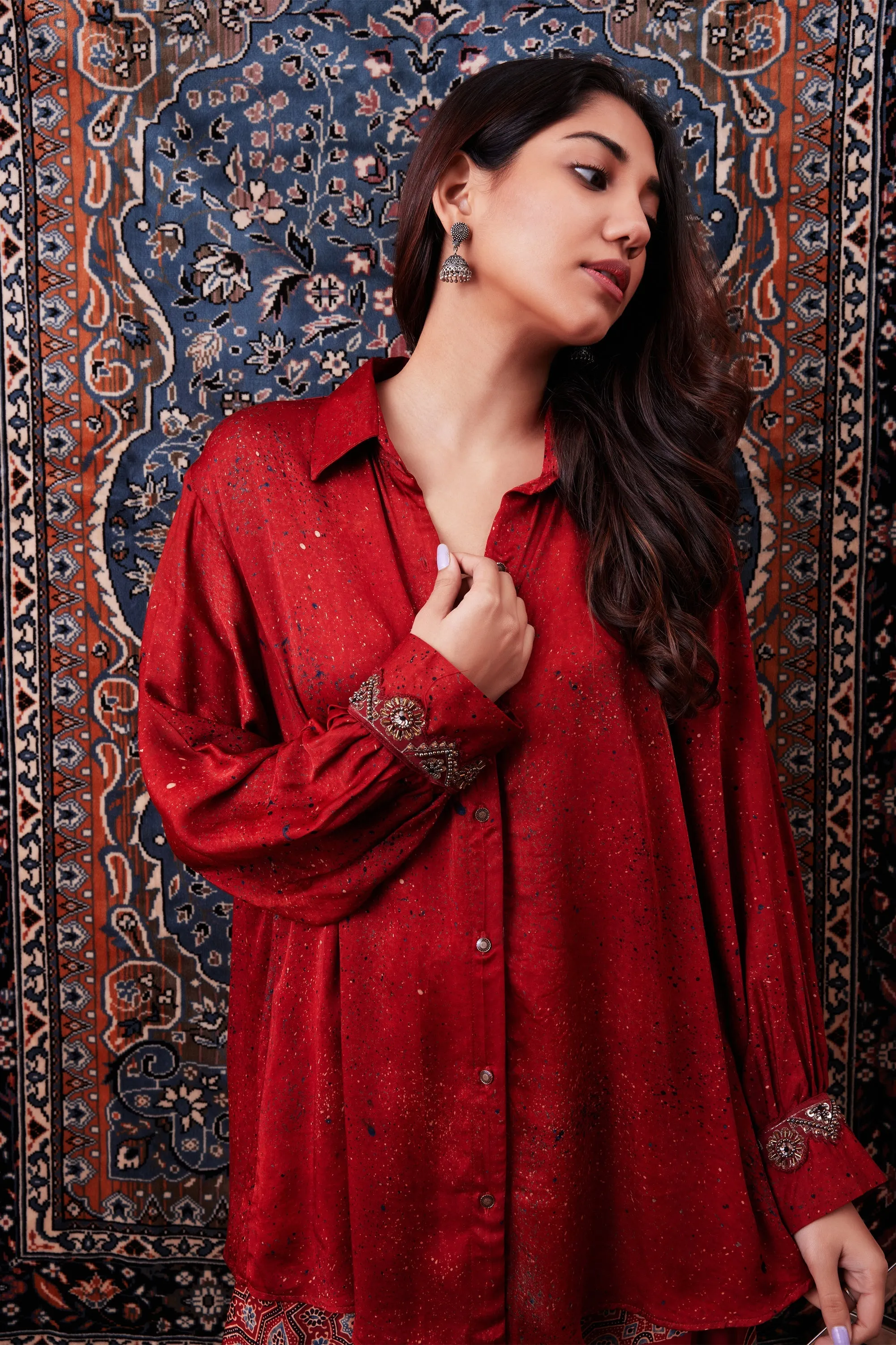 Cherry Red Ajrakh Printed Habutai Silk Co-Ord Set