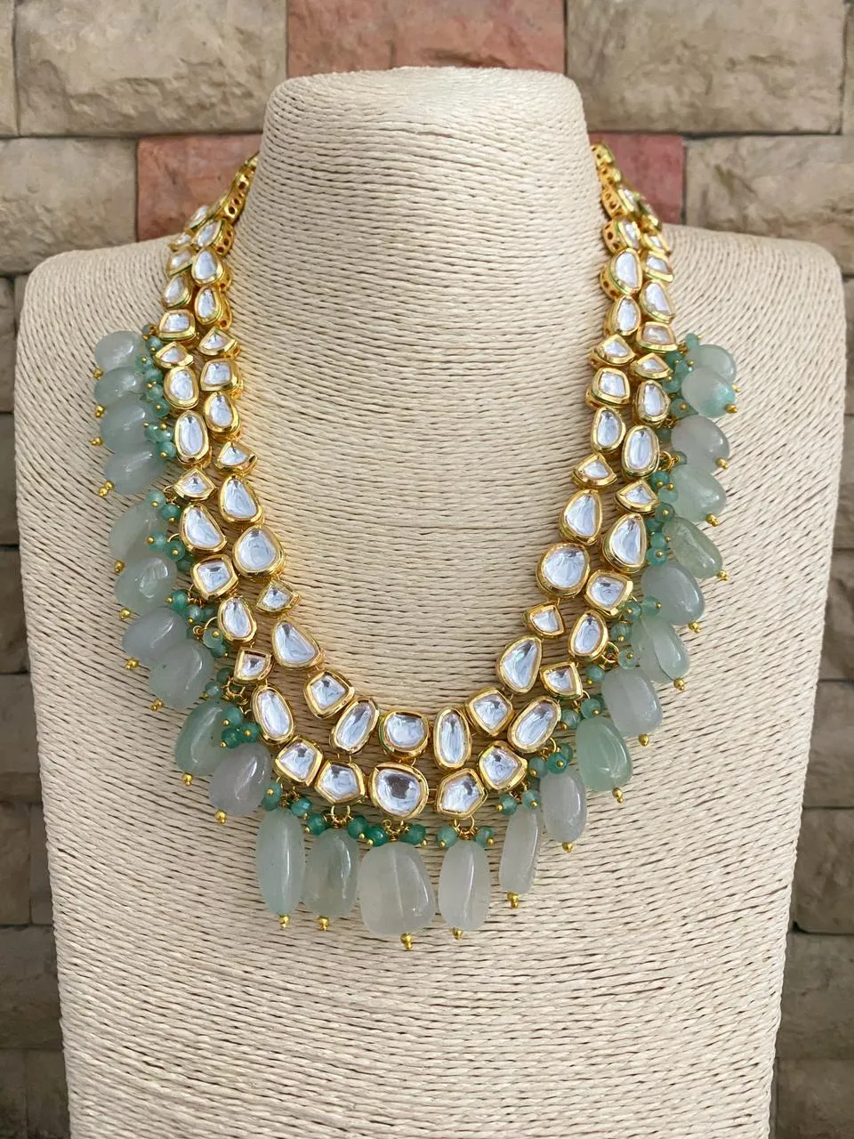 Designer Gold Plated Kundan Necklace With Mint Green Stones For Weddings