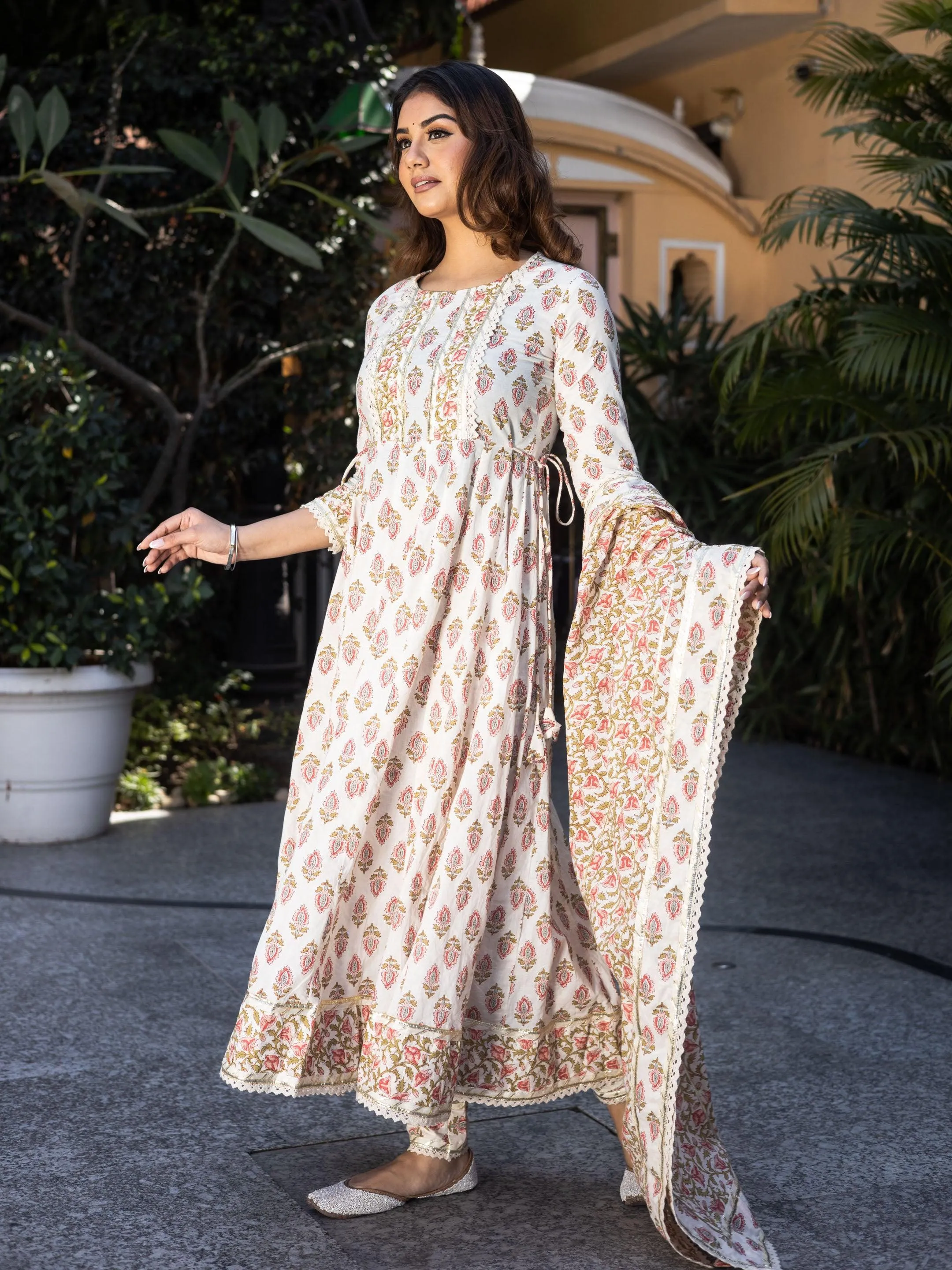 Divena Cream Floral Anarkali Cotton Kurta Palazzo set with Dupatta