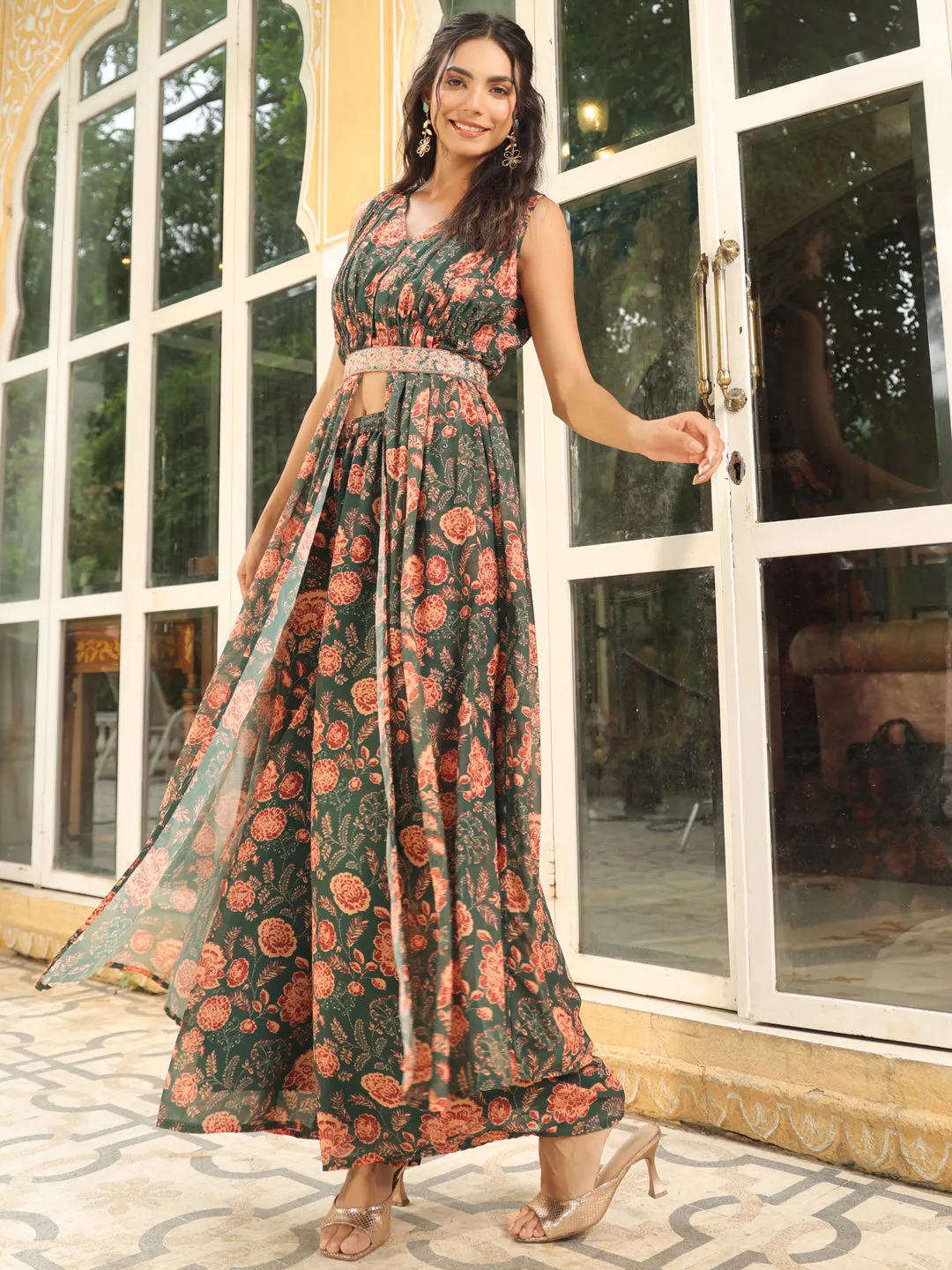 Green Georgette Floral Printed Front Slit A-Line Palazzo Set