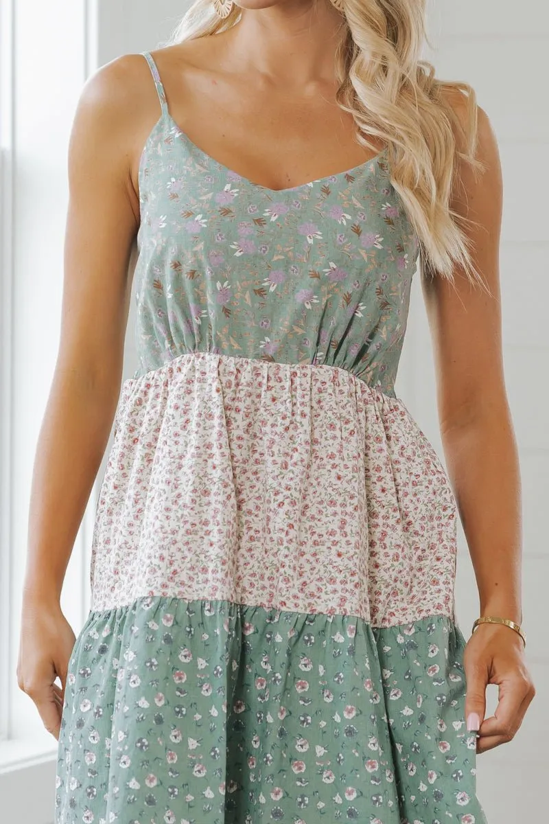 Green Print Color Block Tiered Mini Dress - FINAL SALE