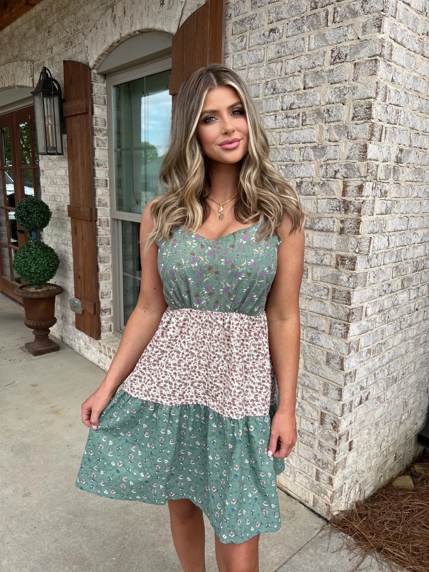 Green Print Color Block Tiered Mini Dress - FINAL SALE