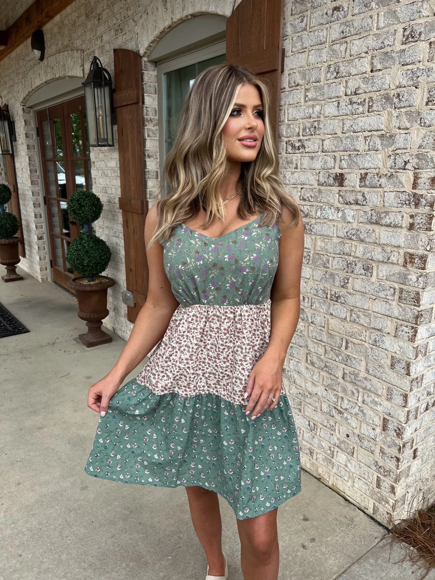 Green Print Color Block Tiered Mini Dress - FINAL SALE