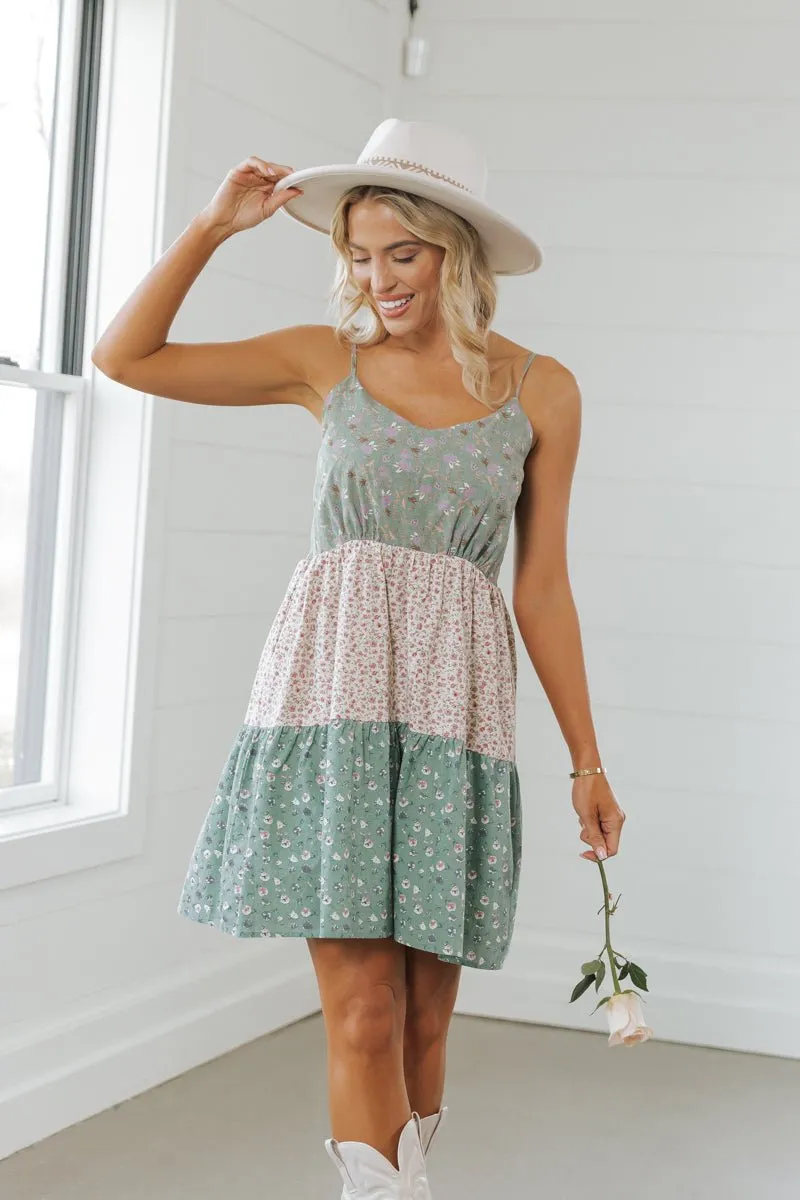 Green Print Color Block Tiered Mini Dress - FINAL SALE