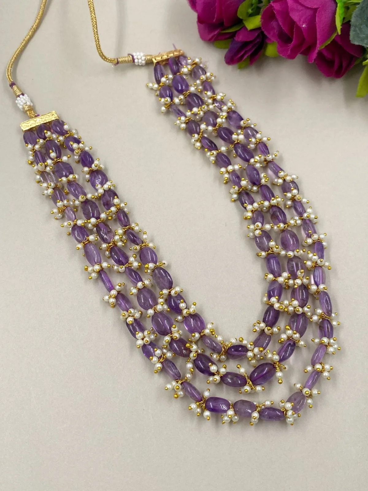 Handcrafted Semi Precious Amethyst Layered Beads Necklace For Women.