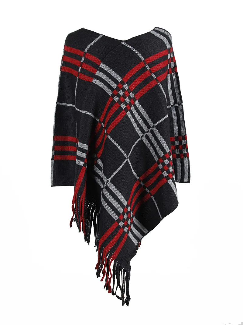 Haute Edition Women's Plaid Poncho with Fringe. One size fits all (S-XL).