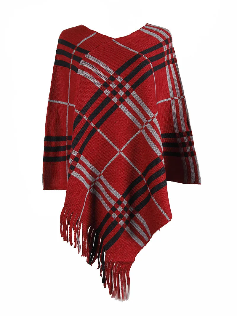 Haute Edition Women's Plaid Poncho with Fringe. One size fits all (S-XL).