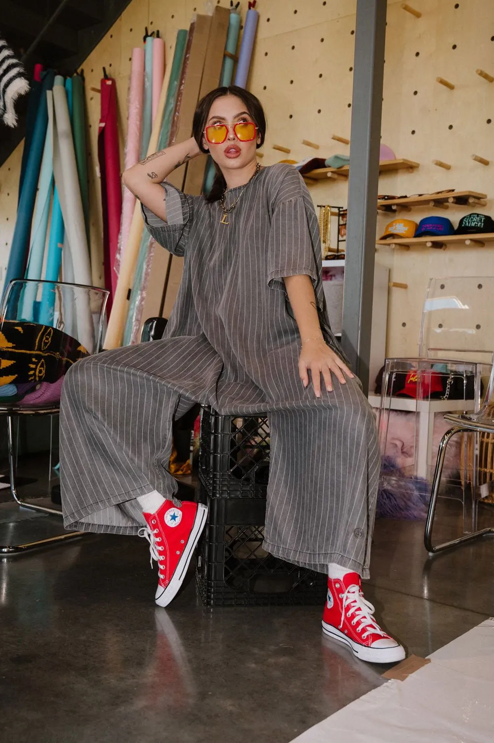 IYKYK Ultra Harem Jumpsuit in Tencel Pinstripe