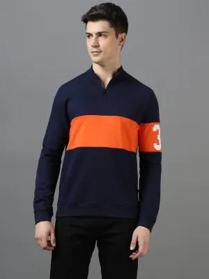 Men's Dark Blue Cotton Color Block Round Neck Sweatshirt