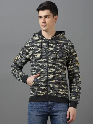 Men's Grey Cotton Camouflage Printed Hooded Neck Sweatshirt