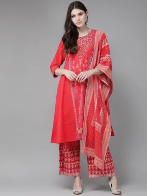 Red Geometric Printed Pure Cotton Kurta Palazzo & Georgette Dupatta Set