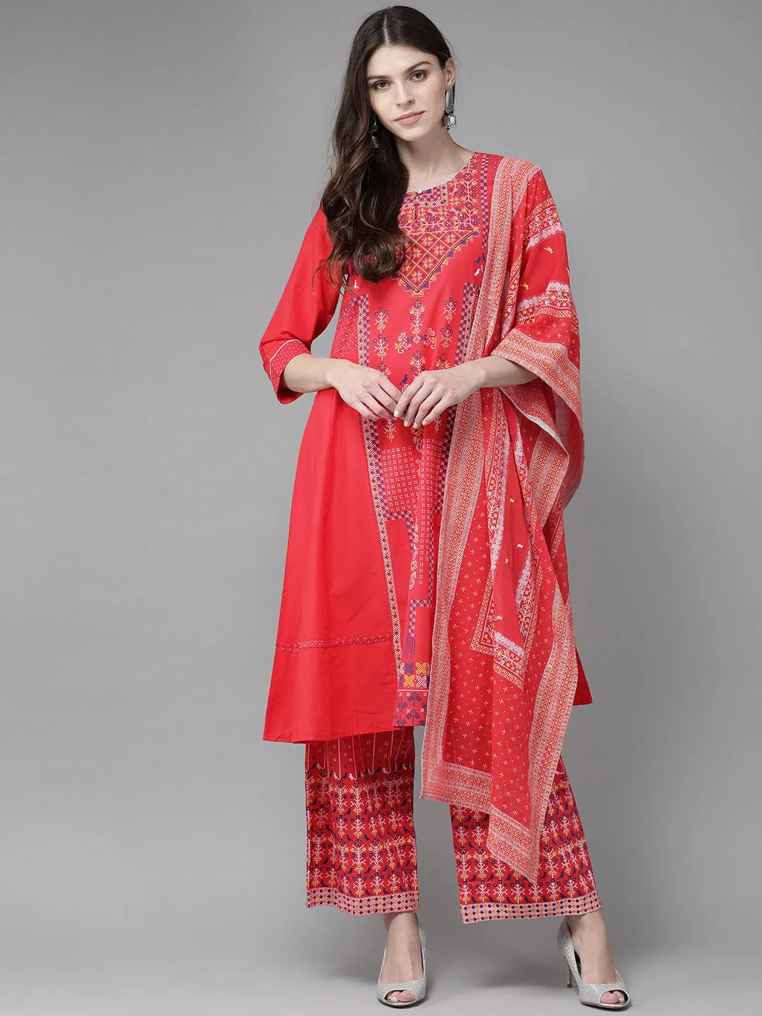 Red Geometric Printed Pure Cotton Kurta Palazzo & Georgette Dupatta Set