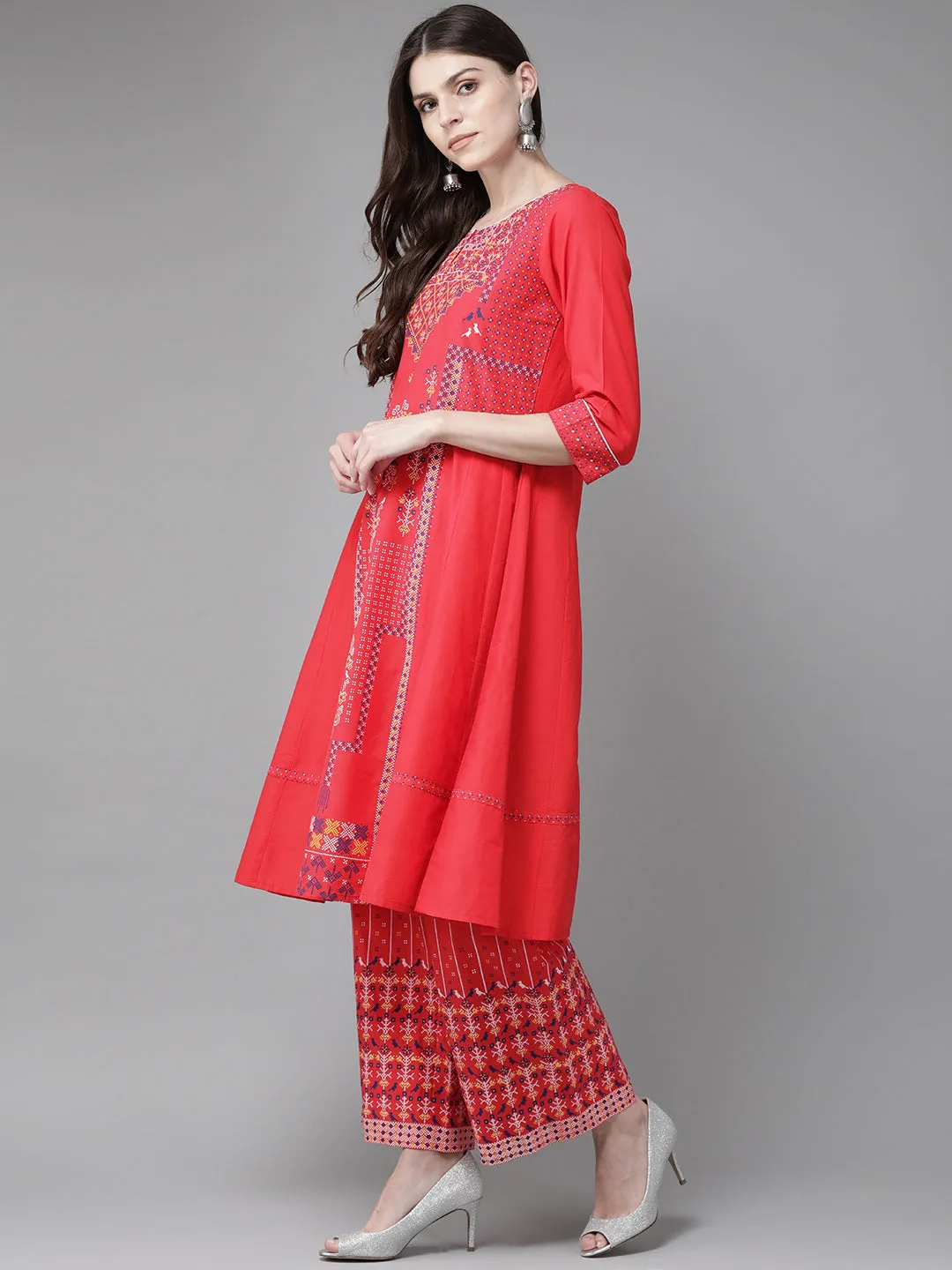 Red Geometric Printed Pure Cotton Kurta Palazzo & Georgette Dupatta Set