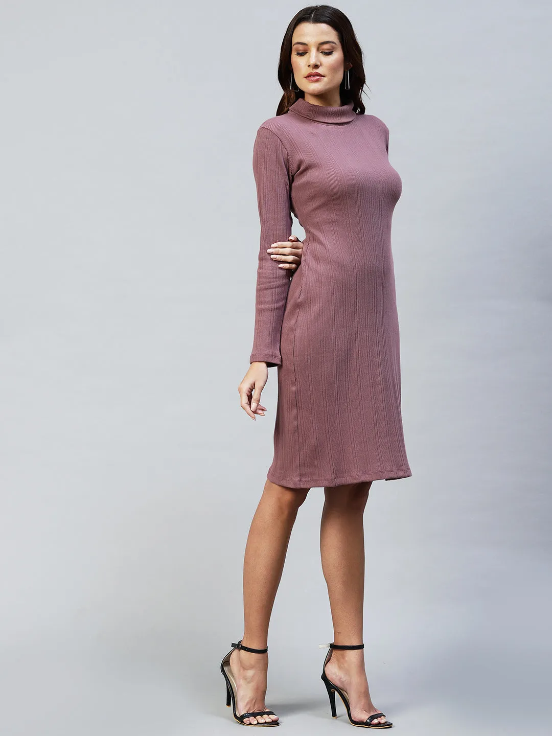 Rib Full Sleeve Side Slit Dress