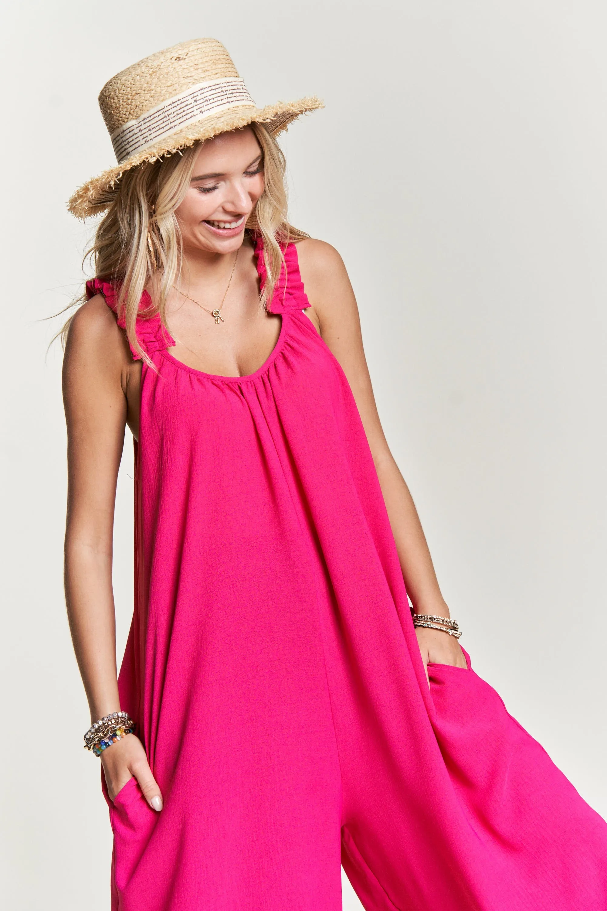 Ruffled Shoulder Strap Wide Leg Jumpsuit- Fuchsia