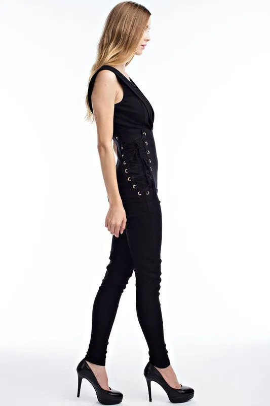 THE MYSTYLEMODE BLACK WITH DEEP SIDE LACE UP JUMPSUIT